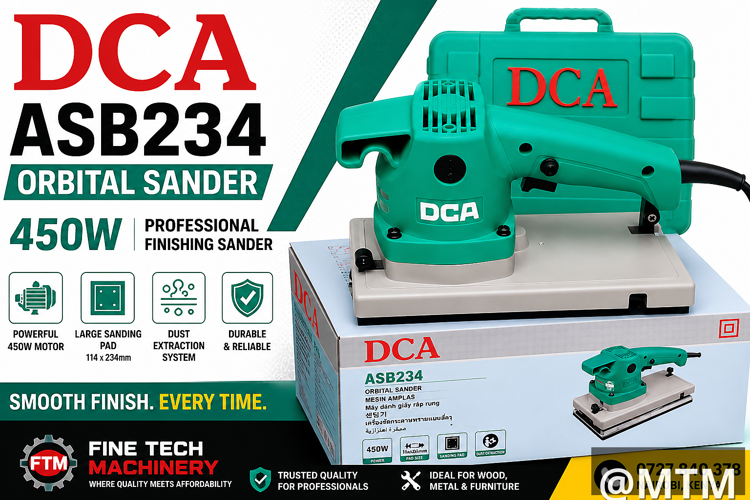 DCA ASB234 Orbital Sander 450W – Professional Finishing Sander for Wood & Metal | Fine Tech Machinery